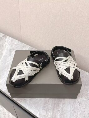 Rick Owens Black Leather Sandals with White Crisscross Straps
